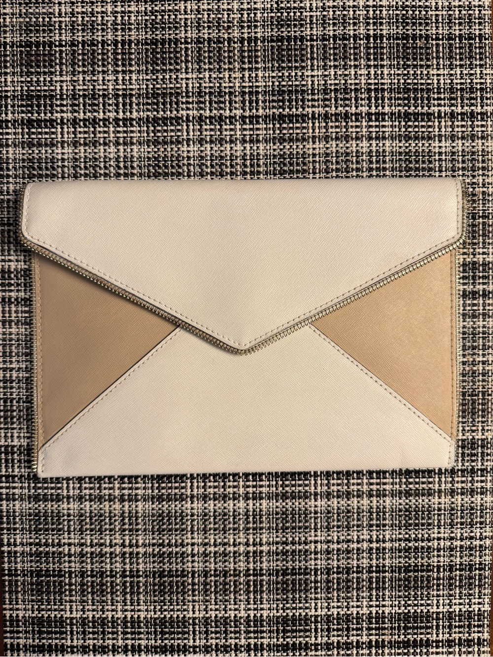 Rebecca Minkoff Leo Envelope Clutch Saffiano Leather Cream Tan Leopard